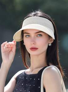 1pc Fashion Straw Sun Visors For Women Wide Brim Hats Roll-Up Foldable Summer Beach Visor Hat