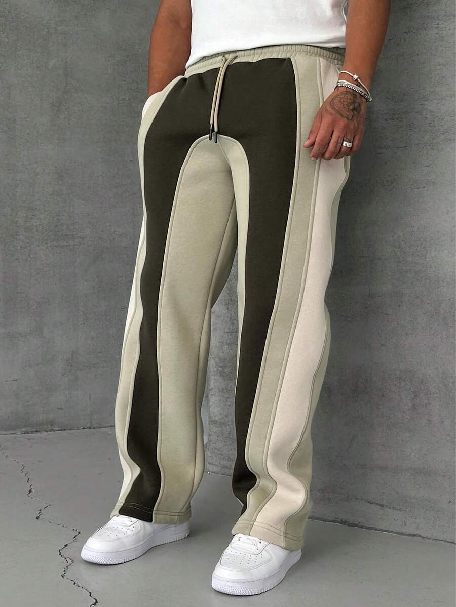 Men's Casual Contrast Color Drawstring Waist Straight Leg Pants, Fall - Apricot - View 1