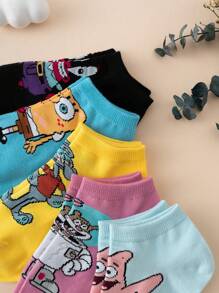 SPONGEBOB 5 Pairs Cartoon Spongebob Series Print Patterned Crew Socks For Kids, Cute Colorful Breathable Comfortable Athletic Socks, Suitable For Everyday Wear, Premium Fabric, All Season