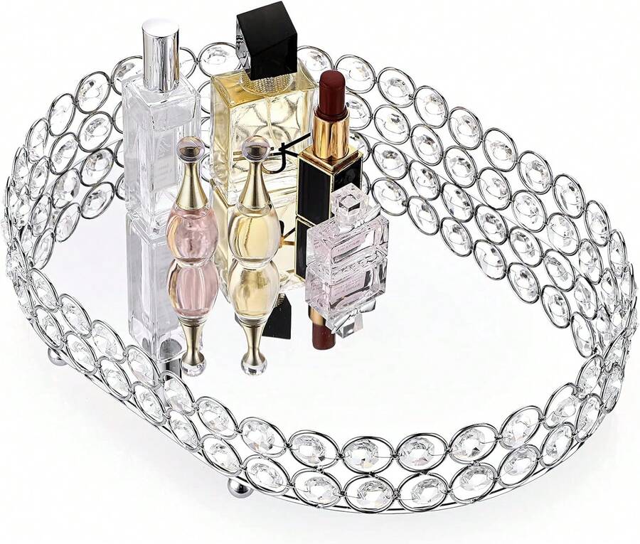 Crystal Vanity Tray Mirrored Dresser Perfume Trays For Makeup Tray Cosmetic Skin Care Storage, Jewelry Trinket Organizer Tray For Bathroom Countertop Home Decor (Medium, Silver) - Silver - View 1