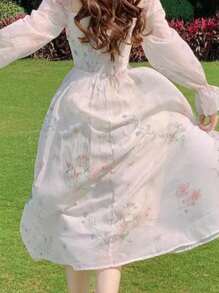Square Neck Chiffon Floral Print Long Dress With Lantern Sleeves, Elegant Ruffle Hem, Long Sleeve French Dresses