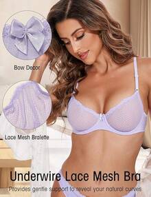 Women's Sexy 1/2 Cup Lace Bra Balconette Mesh Underwired Demi Shelf Bra Unlined See Through Bralettehalloween - Light Purple - 查看 11
