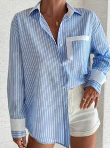 2025 New Striped Patchwork Shirt For Women, Versatile For Office, Casual Commute, Striped Casual Blouse