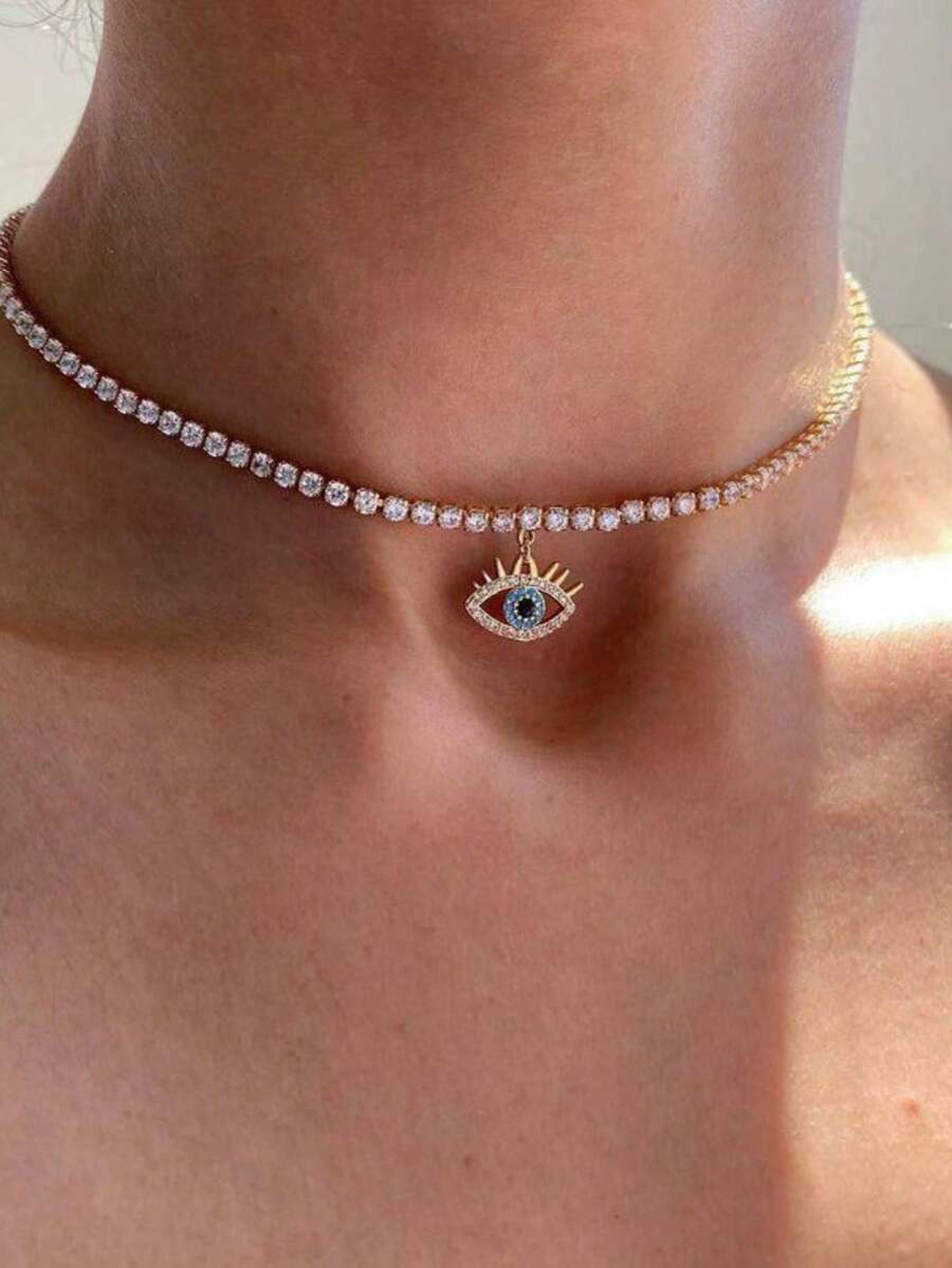 1pc Versatile Vintage Fully Rhinestone Tennis Chain, Crown & Evil Eye Pendant Necklace, Suitable For Men & Women Daily Wear & Elegant Gift