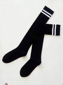 1 par de calcetines muslo alto de mujer de unicolor, estilosos y cómodos, con dos rayas, versátiles para todas las estaciones