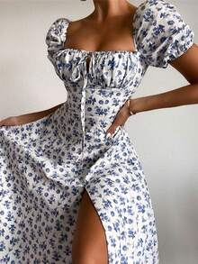 Women's Floral Print Square Neck Dress French Split Hem Dresses Elegant And Sexy - Màu xanh nhạt - Xem 4