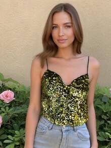 Women Summer Sleeveless Sequins Vest Cami Tops Rave Party Club Tops - Green - View 2