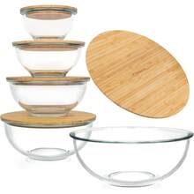 Stackable Space-Saving Set Of 5 Nesting Glass Bowls With Bamboo Lids For Prep, Storage, Baking, Mixing & Cooking, Microwave & Oven    Heat Resistant Inert Borosilicate Glass