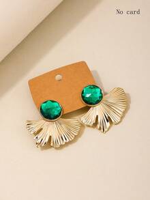 1pair French Style Fashionable Metal Fan Shape Green Gemstone Stud Earrings Suitable For Women's Party, Street Snap, Birthday, Festival, Engagement, Vacation Wear - Gold - View 12
