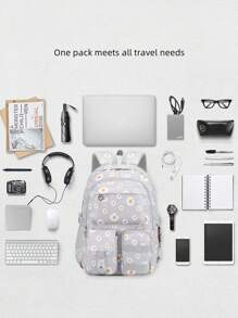 Set 3 buc. rucsac imprimat cu cutie de prânz și penar, design cu compartimente multiple, închidere cu fermoar, căptușeală din poliester, curea de umăr reglabilă, buzunar lateral pentru sticlă de apă, potrivit pentru utilizare zilnică, exterior, călătorii, rucsac din poliester impermeabil și durabil, cadou pentru întoarcerea la școală