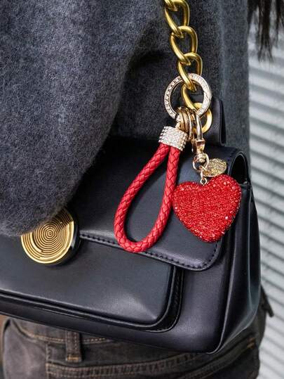 1pc Fashion Alloy Rhinestone Heart Bag Charm Accessory, Clay Rhinestone Keychain, Crystal Inlaid Car Key Pendant, Handbag Decorative Hanging Ornament