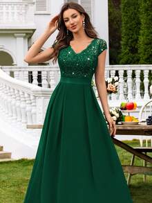 MIUSOL V领亮片蕾丝短袖雪纺荷叶边长款连衣裙，优雅女士派对礼服，正式晚礼服，舞会礼服，适合婚礼宾客、毕业典礼、盛大晚宴等场合，也适合情人节春季穿着。 - 墨綠色 - 查看 10