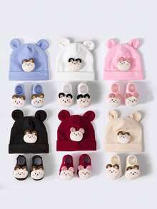 1 طقم قبعة و جوارب وردية محشوة كرتونية طفلية (2 قطعة)، شريط رأس مرن، ناعم ومريح للاطفال الصبيان والبنات، للارتداء الخارجي الكاجوال، بأسلوب عصر الألفية الجديدة