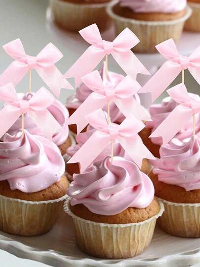 10个粉色蝴蝶结蛋糕装饰插牌，适用于烘焙、婚礼甜点、派对、生日、蛋糕和纸杯蛋糕装饰