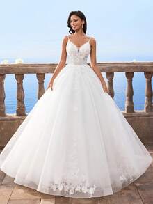 HEARBOBO 细肩带白色蕾丝贴花长裙网眼 A 字形婚纱新娘裙 - 白色 - 查看 8