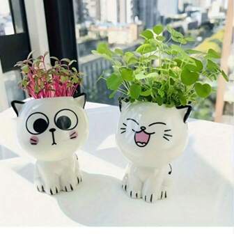 1pc White Ceramic Flowerpot Vase, Mini Cartoon Cute Potted Plant, Home DIY Desk Decoration, School Gift Decoration, Square Ceramic Succulent Flower Bonsai Creative Cartoon Cute Expression Simple Office Desktop Plant Eye Protection, UV And Formaldehyde Protection Potted Plant