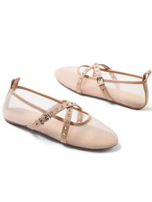 Y2K Ballet Flats For Women Punk Rivets Round Toe Cross-Strap Buckle Falts Comfort Mesh Breathable Falts Shoes Women - Nude - View 2