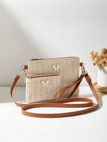 Conjunto de 2 piezas: Bolso de hombro de paja con estilo nuevo, bolso bandolera, cartera de embrague y monedero para mujeres - Marrón - Ver 1