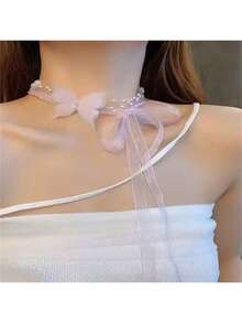 1 件优雅网状花朵和人造珍珠设计法式新娘项链，适合锁骨情人节