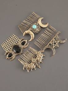 1 件金属包裹波西米亚星月图案复古锌合金发梳配件，适合所有季节，发饰，梳子，侧梳
