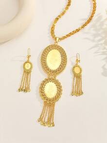 3 件套时尚玫瑰复古风格椭圆形和方形吊坠项链和耳环首饰套装，适合日常佩戴或节日派对 - 彩色 - 查看 7