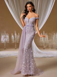 GIFORU 奢华薰衣草色透明雪纺晚礼服 - 优雅深 V 领美人鱼礼服，搭配珍珠管刺绣和幻觉背部，浪漫婚礼宾客礼服，适合花园庆典/正式庆典/周年庆典 - 淺灰紫 - 查看 10