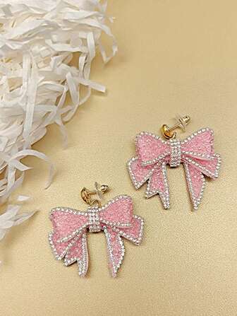 2pcs Fashionable Cute Big Bow Dangle Earrings With Sparkling Pendants, Pink Earrings Suitable For Daily Wear, Parties & Gatherings
