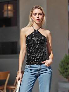 Women Sleeveless Halter Tops Summer Shiny Sequins Tie Up Backless Shirts For Streetwear Aesthetic Grunge Clothes - 黑色 - 查看 9