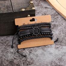 4pcs Boho Style Multi-Layer PU Leather & Wax Rope Braided Bracelet With Wooden Beads & Anchor Pendant, Adjustable Size