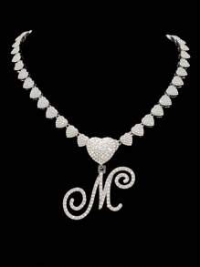 1pc Women's Letter Pendant Necklace With 20-Inch Fully Diamond Heart Necklace, Fashionable Retro Hip Hop Pendant Necklace, Elegant Valentine's Day Gift Suitable For Women And Girls For Daily Wear Or Parties