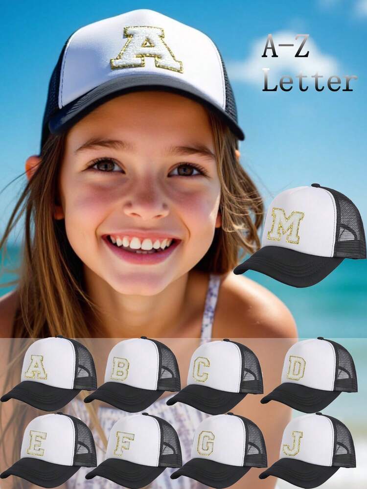 1pc Kids Letter A-Z Print Adjustable Baseball Cap, Sports Hat, Sun Hat, Suitable For Spring, Summer, Autumn - Black and White - View 1