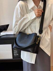 1pc Women's Elegant Solid Color Wide Strap PU Leather Tote Shoulder Bag - Black - View 5