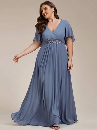 EVERPRETTY Elegant Chiffon V-Neck Ruffle Sleeve Floral Applique Blue Bridesmaid Dress, Suitable For Party, Wedding Guest Wear