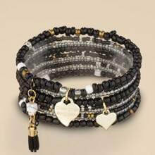 1 Set de brazaletes superpuestos con cuentas, colgante de corazón y letra, para regalo diario o de festival, para mujer