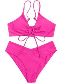 Sexy Bikini Set High Cut Swimsuit Set For Women Tie Knotte Bathing Suit 2 Piece - 粉色 - 查看 5