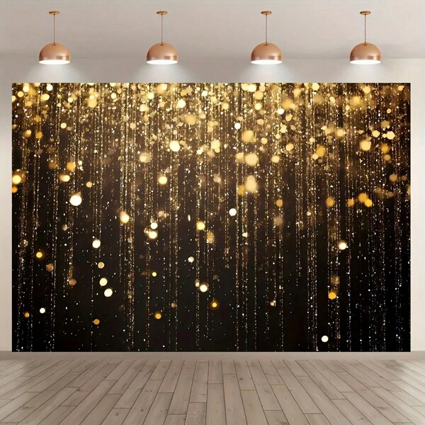 1pc, A Shiny Golden Curtain With A Black Background And Golden Rain, A Shooting Background Banner Themed On Shining Lights And Sparks, A Multi-Functional Polyester Background Fabric Suitable For Luxurious Parties And Award Ceremonies, A Festival Party Banner, No Electricity Required