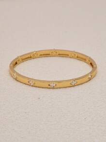 1pc Elegant Golden Four-Leaf Clover Bangle Bracelet, Cubic Zirconia Inlay Copper, Women Jewelry Gift, Suitable For Layering & Daily Wear, Ideal For Girls, Valentine's Day, Mother's Day