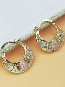 2 件空心圆形耳环套装，采用圣母玛利亚花朵设计，时尚复古金铜耳环，适合女性日常佩戴、派对、节日场合、珠宝礼物 - 金色 - 查看 6