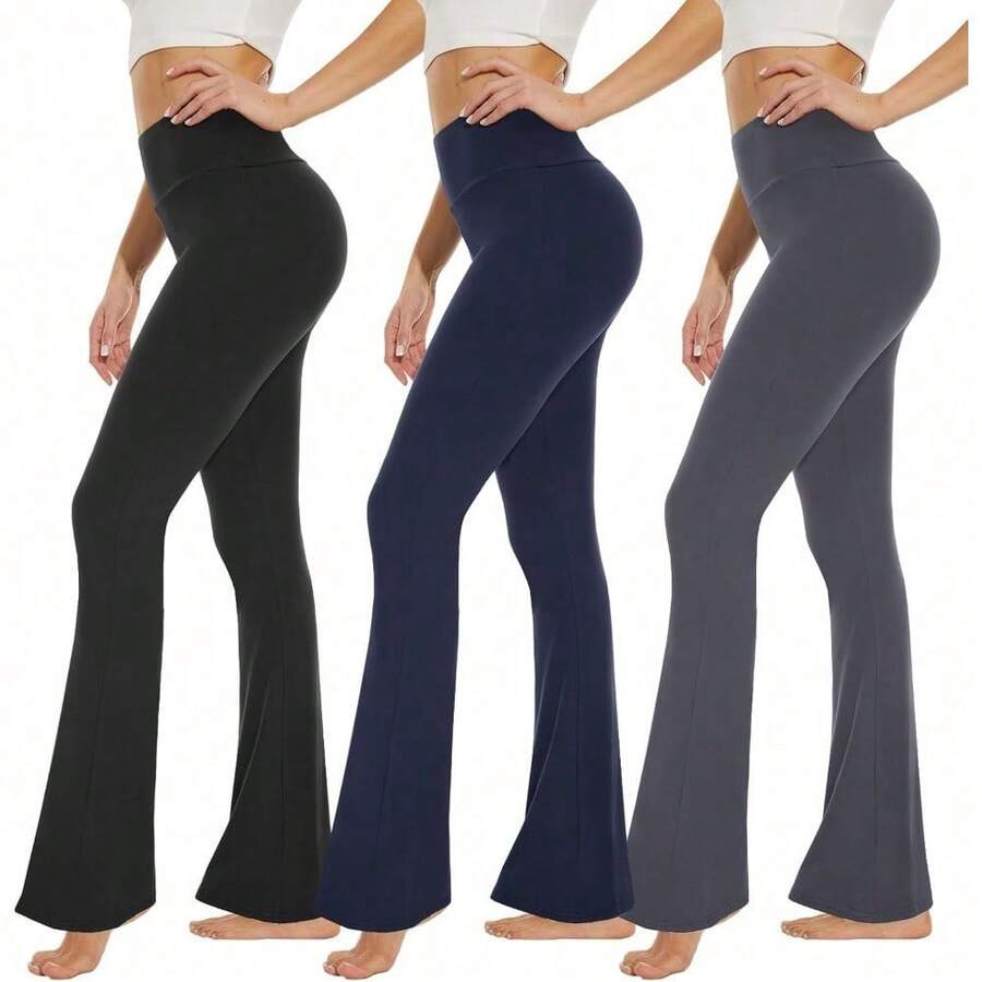 High Waisted Leggings For Women - Soft Athletic Tummy Control Yoga Pants For Cycling Dance Tights - 3 Pack Black, Dark Grey, Navy Blue - View 1