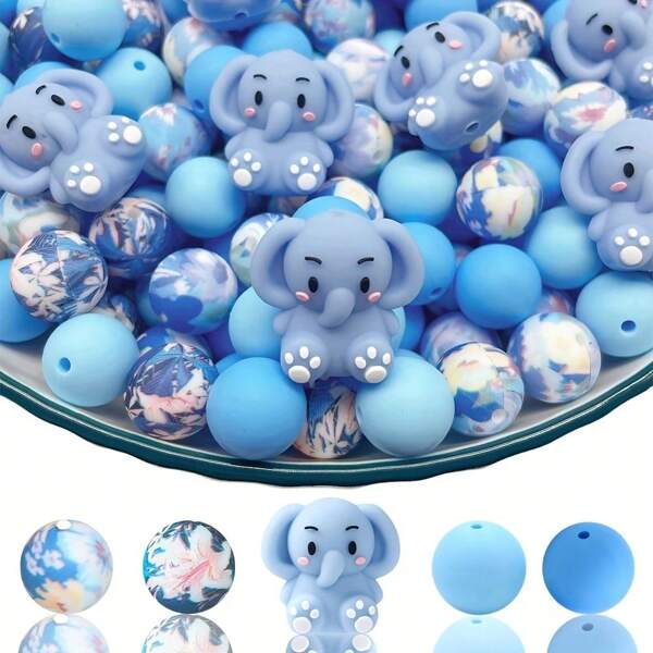 25PCS Blue Elephant/3D Animal Silicone Bead Set - Assorted Colors & Patterns|Cute Designs|Smooth Finish Beads - Ideal For DIY Craft Making Keychains, Necklaces, Bracelets, Decorative Pens, Jewelry And Pendants - Creative Holiday Decor Jewelry Making Supplies