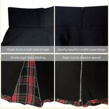 Gothic Skirts Cute High Elastic Waisted Plaid Kilts For Girl  Hem Flared Knee Length Mini Skater Skirt - 黑色 - 查看 2