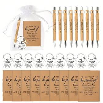 24 stuks/6 sets, teamgeschenken, bedankjes voor medewerkers, inclusief 6 bamboepennen en 6 inspirerende notitieboekjes, met 6 inspirerende sleutelhangers en 6 tassen, kantoorgeschenken geschikt voor medewerkers, vrijwilligers, verpleegkundigen, leraren, collega's, teambuilding, pensioengeschenken