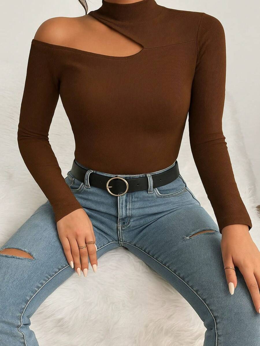 Women's T-Shirt Blouse Suplex Fabric Long Sleeve High Neck Asymmetrical Cut Ideal For Meetings And Casual Use - 咖啡棕 - 查看 1