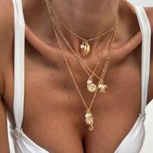 1pc Ocean Themed Sea Horse & Turtle Alloy Pendant Necklace, Minimalist Pearl Bead Strand Choker Necklace