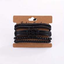 4pcs Boho Style Multi-Layer PU Leather & Wax Rope Braided Bracelet With Wooden Beads & Anchor Pendant, Adjustable Size