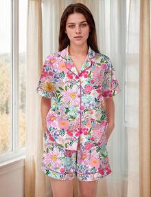 Funny Graphic Women Set Button Down Short Sleeve Top And Shorts Pjs Sets Sleepwear XS-XXL - Floral Pink - 查看 4