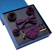 9 件套男士领带和蝴蝶结象牙色紫色青色蓝色佩斯利花纹领带手帕袖扣戒指夹套装婚礼派对礼物