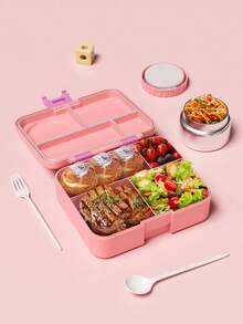 Bento Lunch Box with 9oz Soup Thermo – Leakproof 4-Compartment Food Container with Insulated Hot Food Jar, Ideal for School, Office, Travel, and Picnics - 粉色 - 查看 4