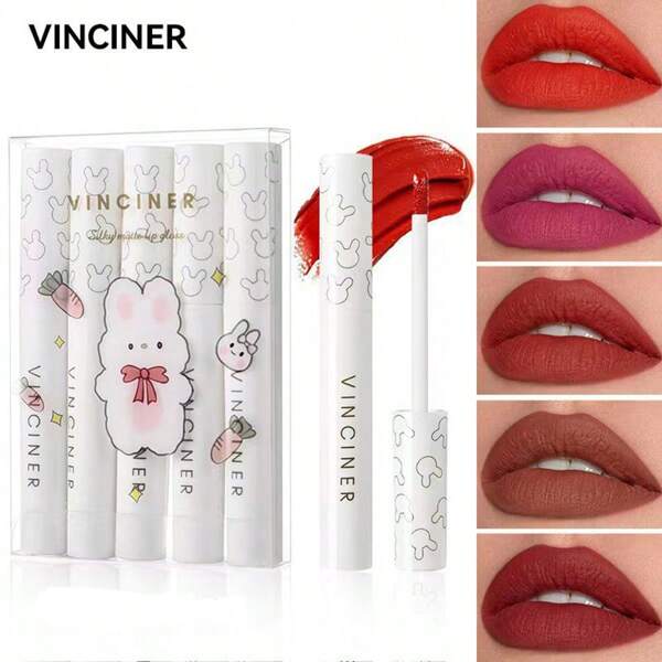 VINCINER 5 Pcs Set Matte Velvet Lip Gloss, Cartoon Cute Design Smudge-Proof Lipstick Set, Natural Makeup Daily Wear