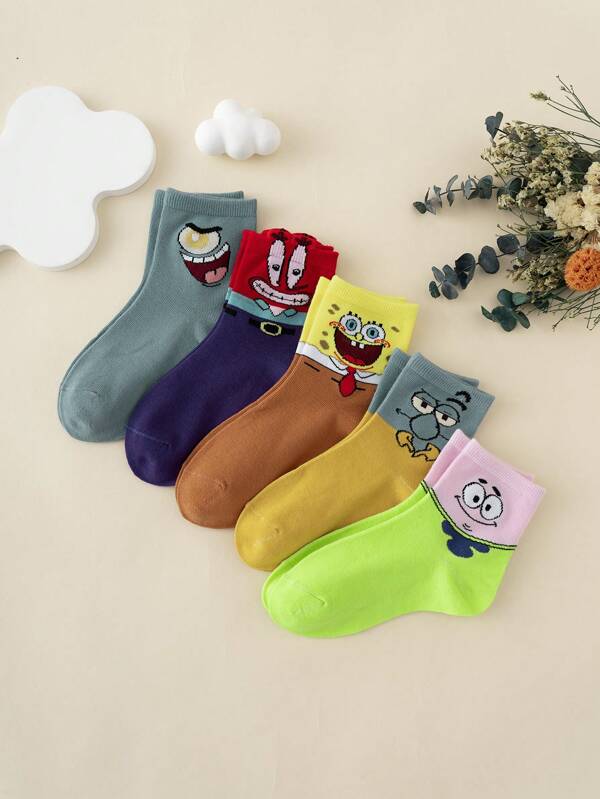 SPONGEBOB 5 pares de calcetines de tripulación estampados con dibujos animados Spongebob, coloridos, transpirables, calcetines deportivos, adecuados para todas las estaciones, tallas europeas y americanas, cómodos para uso diario